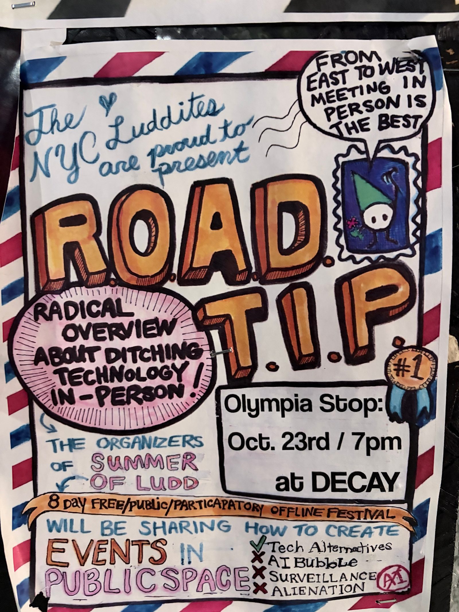 Flyer for ROAD TIP. RADICAL OVERVIEW ABOUT DITCHING TECHNOLOGY / IN-PERSON.