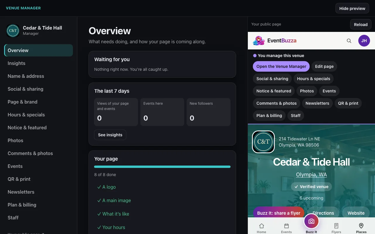 The Venue Manager on a computer: a menu of sections on the left, the venue’s overview in the middle and a preview of its page on the right.