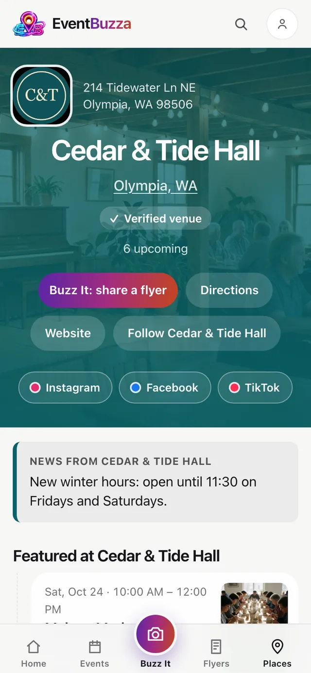 An example venue’s page on a phone: its cover photo, logo, name, address, Open now, social accounts, a notice and its events.